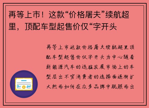 再等上市！这款“价格屠夫”续航超里，顶配车型起售价仅“字开头