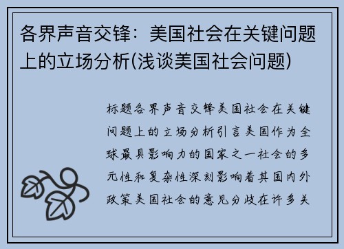 各界声音交锋：美国社会在关键问题上的立场分析(浅谈美国社会问题)