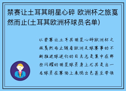 禁赛让土耳其明星心碎 欧洲杯之旅戛然而止(土耳其欧洲杯球员名单)