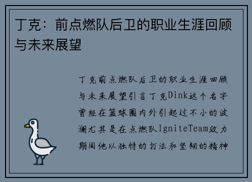 丁克：前点燃队后卫的职业生涯回顾与未来展望