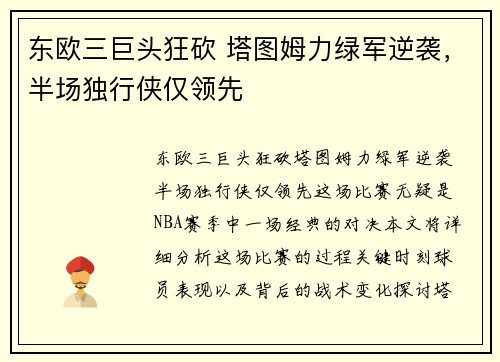 东欧三巨头狂砍 塔图姆力绿军逆袭，半场独行侠仅领先
