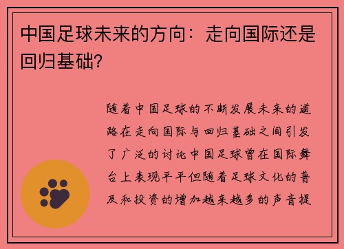 中国足球未来的方向：走向国际还是回归基础？