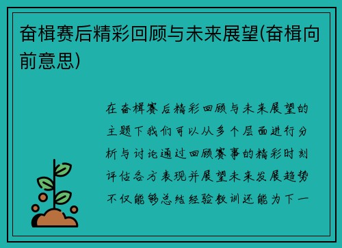 奋楫赛后精彩回顾与未来展望(奋楫向前意思)
