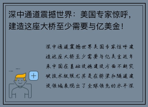深中通道震撼世界：美国专家惊呼，建造这座大桥至少需要与亿美金！