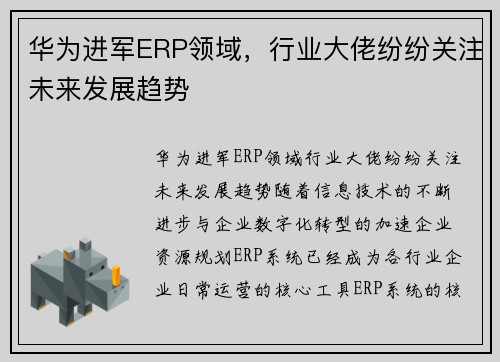 华为进军ERP领域，行业大佬纷纷关注未来发展趋势