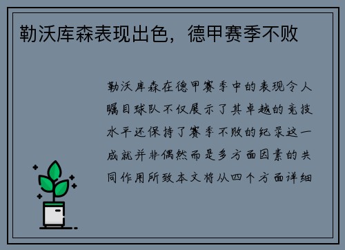 勒沃库森表现出色，德甲赛季不败